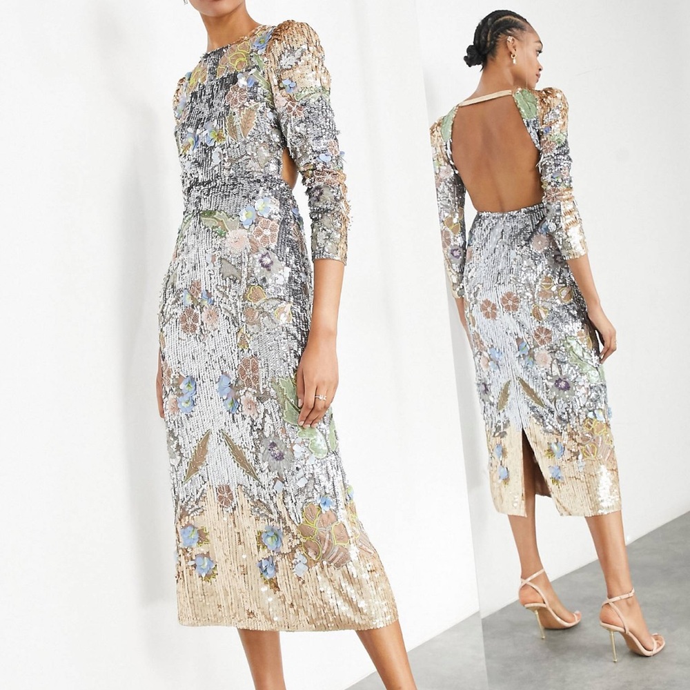 STUNNING!! Beaded ASOS sequin floral midi dress - Picture 2 of 4
